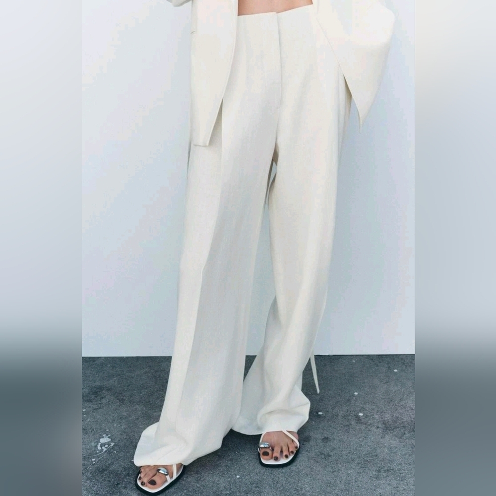 ZARA Ivory Linen Blend Wide Leg Pants Size S NWT High Waist Flowy Pockets Chic